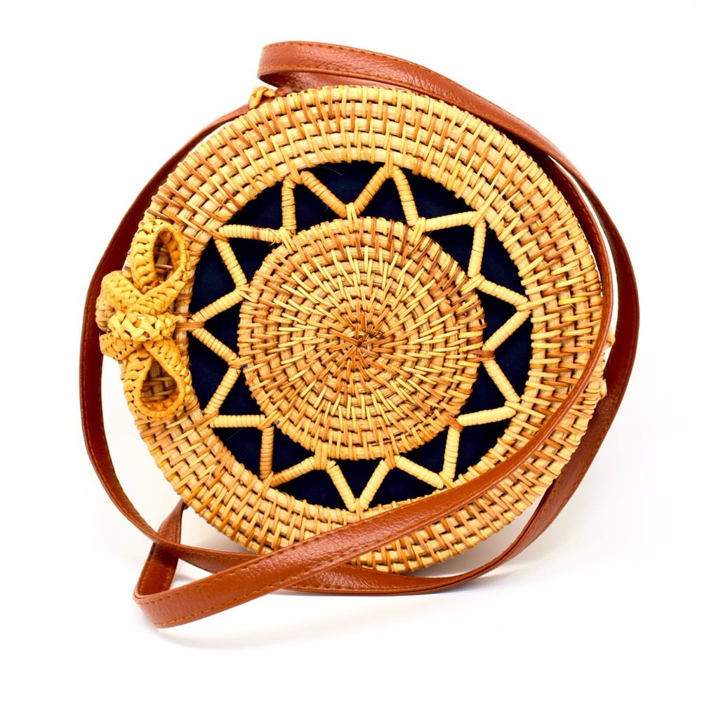 New Round Rattan Straw Flower Design Shoulder Bag Navy Lining